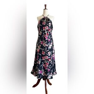 Gorgeous Planet Floral Silk Halterneck Dress Black and Pink 100% Silk